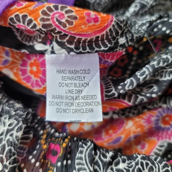 Sunny Leigh Women's Sheer Black Paisley Purple Orange Print Blouse Top Long Sz S - Picture 6 of 9